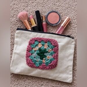 Crochet Accent Cosmetic Bag in Cream and Pink